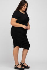 Black Short Sleeve Ruched Plus Dress