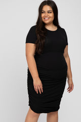 Black Short Sleeve Ruched Plus Dress