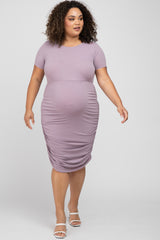 Lavender Short Sleeve Ruched Plus Maternity Dress