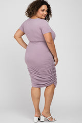 Lavender Short Sleeve Ruched Plus Maternity Dress