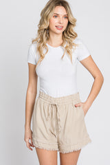 Beige Frayed Front Tie Shorts