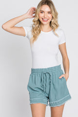 Blue Green Frayed Front Tie Maternity Shorts