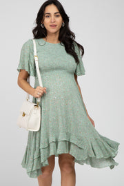 Light Olive Floral Smocked Ruffle Maternity Dress