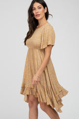 Camel Floral Smocked Ruffle Dress