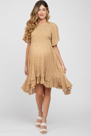 Camel Floral Smocked Ruffle Maternity Dress