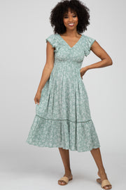 Mint Floral Smocked Ruffle Midi Dress