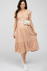 Peach Floral Smocked Ruffle Maternity Midi Dress