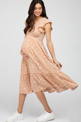 Peach Floral Smocked Ruffle Maternity Midi Dress