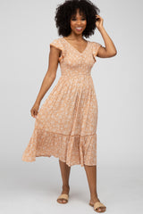 Peach Floral Smocked Ruffle Maternity Midi Dress