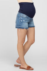 Blue Fringe Hem Maternity Jean Shorts