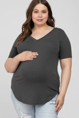 Charcoal V-Neck Round Hem Maternity Plus Top