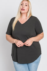 Charcoal V-Neck Round Hem Plus Top