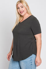 Charcoal V-Neck Round Hem Plus Top