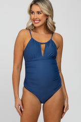 Blue Back Tie Cutout One Piece Ruched Maternity Swimsuit