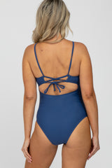 Blue Back Tie Cutout One Piece Ruched Maternity Swimsuit