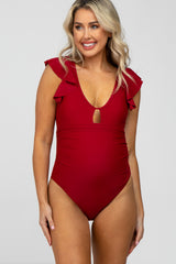 Burgundy Flutter Sleeve Back Cutout Maternity One Piece Swimsuit