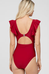 Burgundy Flutter Sleeve Back Cutout One Piece Swimsuit