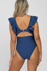 Blue Flutter Sleeve Back Cutout Maternity One Piece Swimsuit