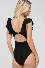 Black Flutter Sleeve Back Cutout One Piece Swimsuit