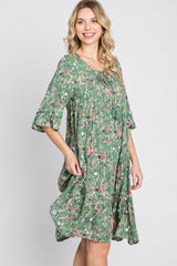 Green Floral Front Tassel Tie Dress