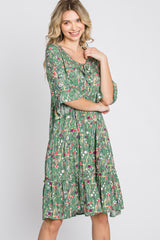 Green Floral Front Tassel Tie Dress