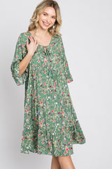 Green Floral Front Tassel Tie Dress