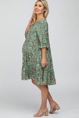 Green Floral Front Tassel Tie Maternity Dress