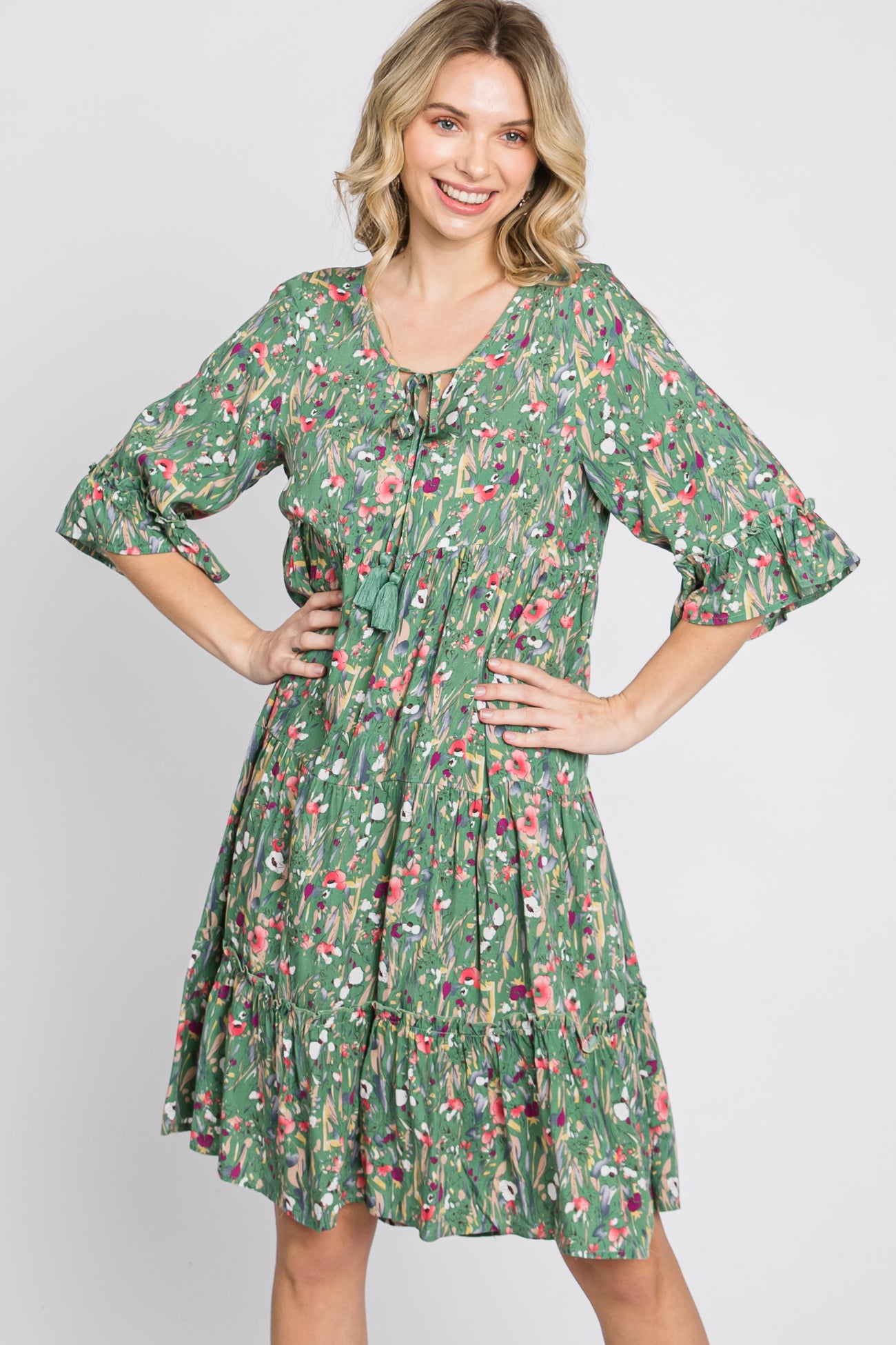Green Floral Front Tassel Tie Maternity Dress– PinkBlush