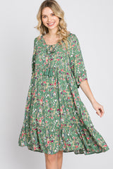 Green Floral Front Tassel Tie Dress