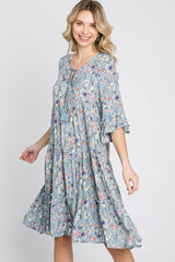 Blue Floral Front Tassel Tie Dress