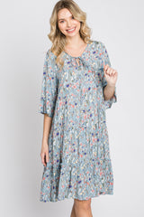 Blue Floral Front Tassel Tie Dress