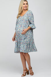 Blue Floral Front Tassel Tie Maternity Dress