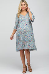 Blue Floral Front Tassel Tie Maternity Dress