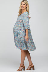 Blue Floral Front Tassel Tie Maternity Dress