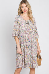 Cream Floral Front Tassel Tie Dress