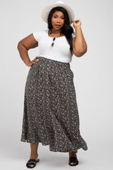 Black Floral Button Accent Hi-low Plus Skirt