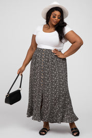 Black Floral Button Accent Hi-low Plus Skirt