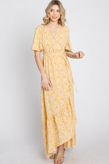 Yellow Floral Wrap Midi Dress