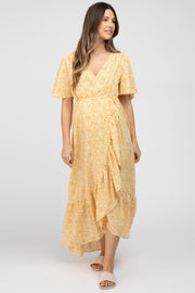 Yellow Floral Wrap Maternity Midi Dress