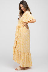 Yellow Floral Wrap Maternity Midi Dress