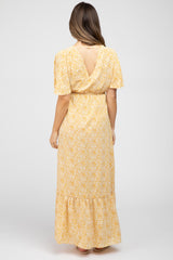 Yellow Floral Wrap Maternity Midi Dress