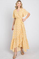 Yellow Floral Wrap Maternity Midi Dress