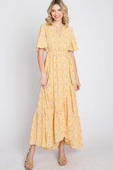 Yellow Floral Wrap Midi Dress