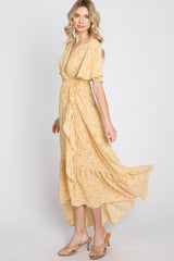 Yellow Floral Wrap Midi Dress