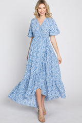 Light Blue Floral Wrap Maternity Midi Dress