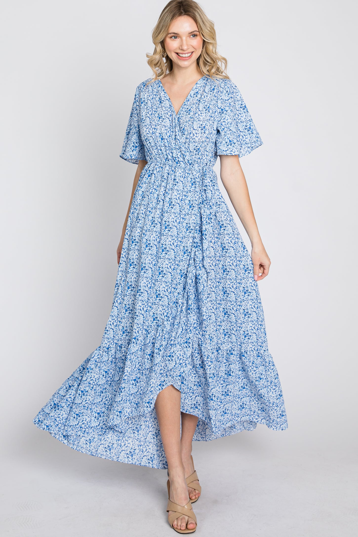 Nursing Floral Print Side Lace Up Wrap Short-sleeve Dress