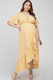 Yellow Floral Wrap Maternity Plus Midi Dress