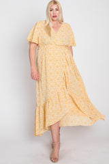 Yellow Floral Wrap Plus Midi Dress