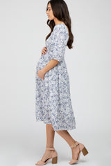 Blue Floral Smocked Maternity Midi Dress