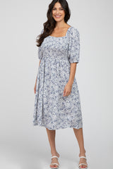 Blue Floral Smocked Maternity Midi Dress